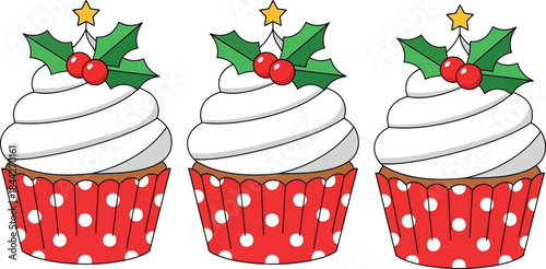 Three christmas cupcakes with holly berries and star topper