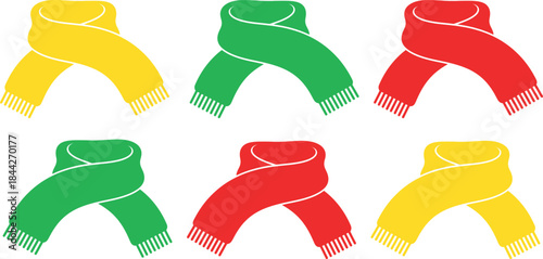 Set of six colorful knitted winter scarves in yellow, green, and red