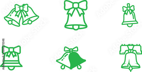 A beautiful collection of diverse green line art bell icons adorned with bows perfect for festive holiday designs and celebrations