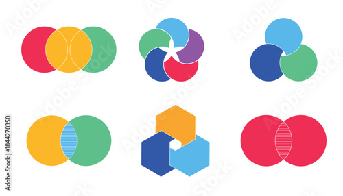 Graphical Venn diagram infographic sections set. Overlapping shapes circles chart line. Venn diagrams with overlapping circles, showing a common area, for infographic presentation