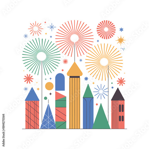 Colorful fireworks illuminate a stylized cityscape at night