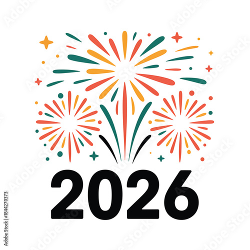 Colorful firework display with the year 2026 prominently featured below