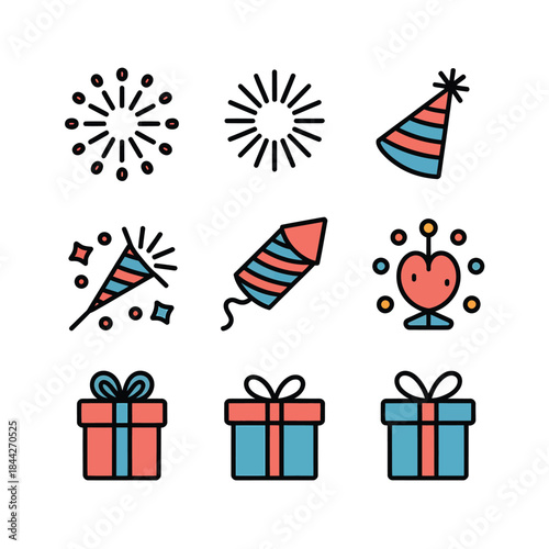 Celebration icons featuring fireworks party hats and gift boxes in outline style