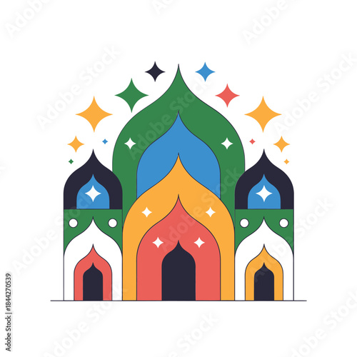Colorful islamic architecture illustration with arches and sparkling star details