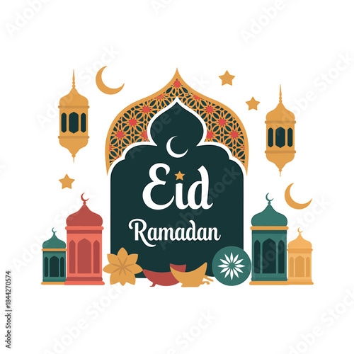 Festive eid ramadan illustration with lanterns crescent moons and floral elements