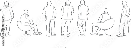 Set of diverse vector line drawings featuring businessmen in various poses, standing and sitting, perfect for architectural plans, design projects, and professional presentation graphics