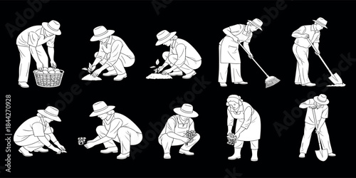 Country people lowered in line for projects gardeners florists farmers flower growers and editable line drawings in vector 