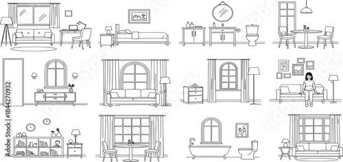 Furniture outline front view architectural designs. Set of isolated linear interior icons. Vector elements for apartments, living room, bedroom, kitchen, bathroom. CAD design.