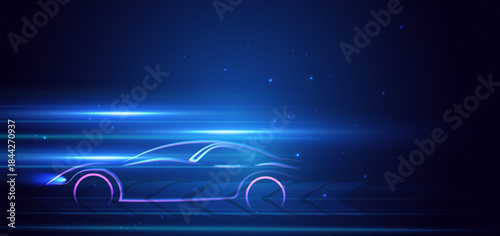 Sport car on hi-speed motion moving concept on light blue background.