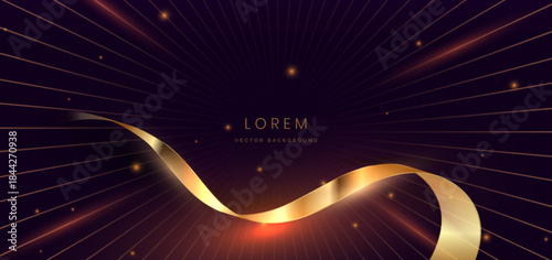 Luxury dark purple background with gold ribbon and lighting effect.