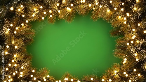 Festive Christmas Tree Lights Framing Green Background, Holiday Decoration, Close-Up View, Warm Glow Concept
