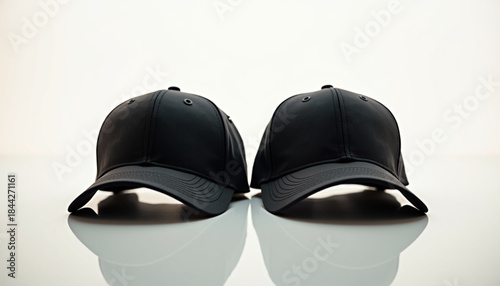 Minimalist Black Baseball Caps Facing Opposite Directions on White Background