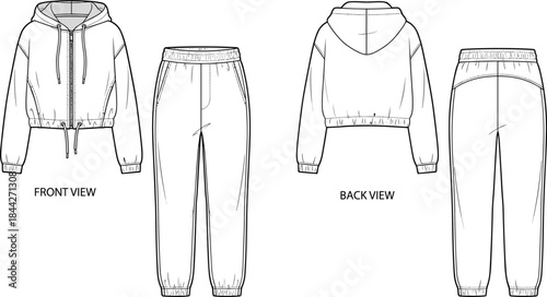 Technical sketch of cropped hoodie and jogger pants, front and back views, drawstring details, casual outfit design