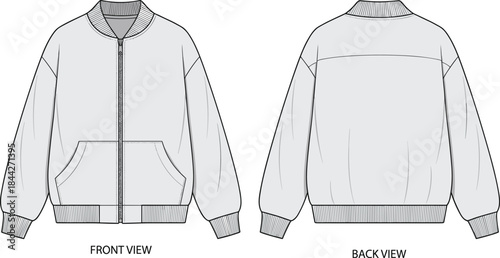 Technical sketch of zip-up jacket, front and back views, ribbed collar cuffs hem, curved pockets, clean design