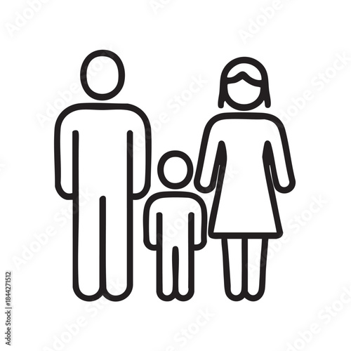 Simple black and white line drawing of a family consisting of a mother father and child