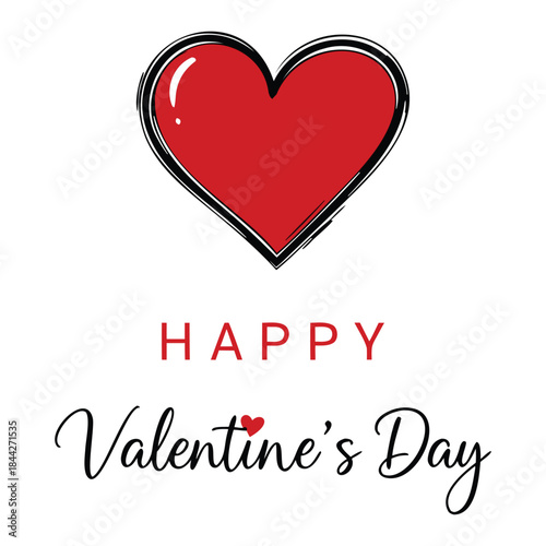Minimalist Happy Valentine's Day greeting card design featuring a large red heart illustration with a hand-drawn sketchy outline.