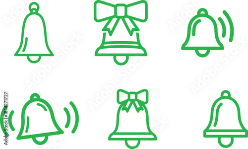 A compelling collection of minimalist green outline bell icons representing notifications alarms and festive celebrations