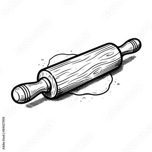 Hand-drawn black and white illustration of a wooden rolling pin flattening dough, showing texture and shadow.