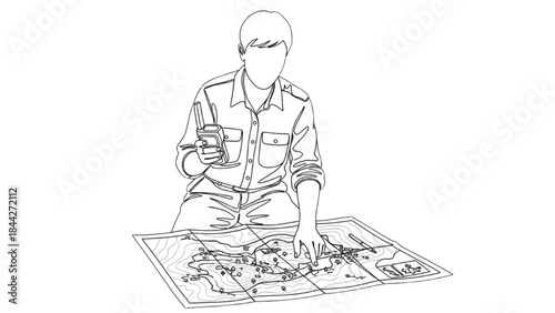 High-Quality Black Continuous Line Art of Natural Resource Manager Monitoring Land Use with Maps and GPS