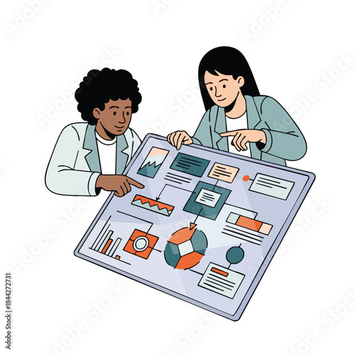 Two diverse women collaborate on a complex business strategy chart, pointing and discussing data visualization elements.