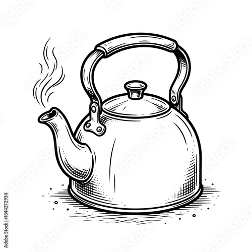 Black and white line art drawing of a classic stovetop kettle with steam rising from its spout, ready for tea or coffee.