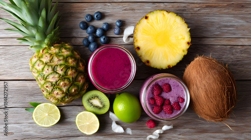 Tropical Fruits and Refreshing Smoothie: a vibrant ensemble of fresh tropical fruits, including pineapple, kiwi, coconut, lime, blueberry and smoothies in glasses.