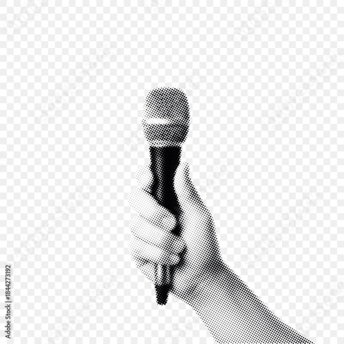 Halftone Illustration of Hand Holding Microphone on Transparent Background