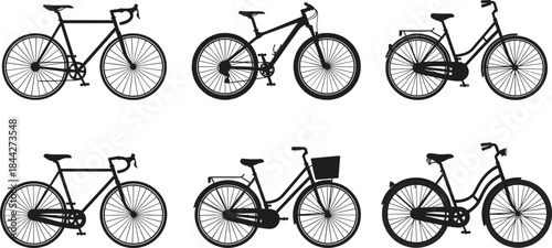 PrintBicycle Silhouette Icon Collection, Different Bike Types Vector Set, Mountain, Road, City, and Hybrid Transport Icons, Cycling, Sport, and Travel Design.