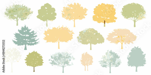 Variety of stylized trees in different colors and shapes isolated on white