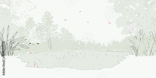 A serene winter landscape with trees foliage and a snowy frosted pond