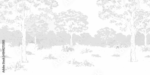 A grayscale illustration depicting a dense forest landscape with tall trees