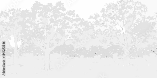 A grayscale landscape depicting a line of trees against a pale sky