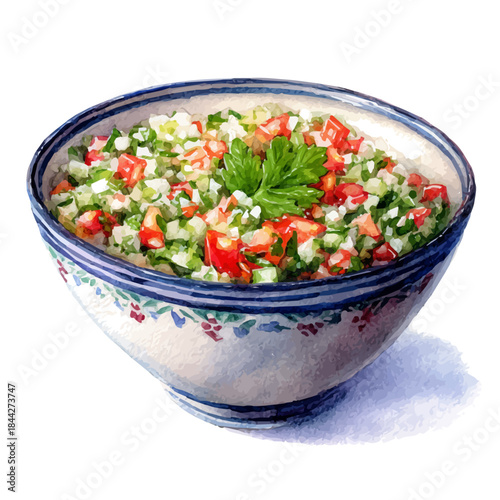 Watercolor painting of Tabbouleh Salad, vector illustration, isolated on white background.