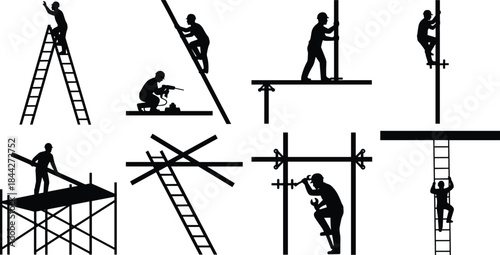 PrintConstruction and Builder Workers Silhouettes Vector Set, Showing Individuals on Ladders and Scaffolding with Tools for Building and Repair Concepts.