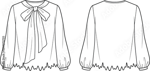 PrintBlouse sketch, fashion illustration, bow neckline, puff sleeve, scalloped hem, garment design, technical drawing, black white outline, clothing vector