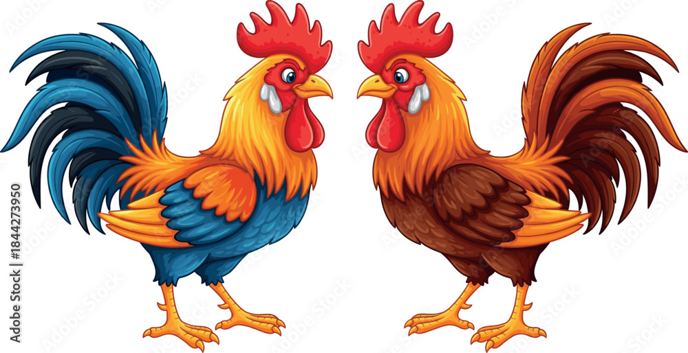 Fototapeta premium Two Colorful Roosters Standing Together, Happy Farm Chicken Birds with Bright Red Combs and Feathers Vector Illustration.