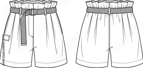 PrintPaper Bag Waist Shorts Flat Technical Sketch, Fashion Design Vector Illustration, High Rise, Pleated Detail, Utility Pocket, Woven Belt with Diamond Pattern, Front and Back View