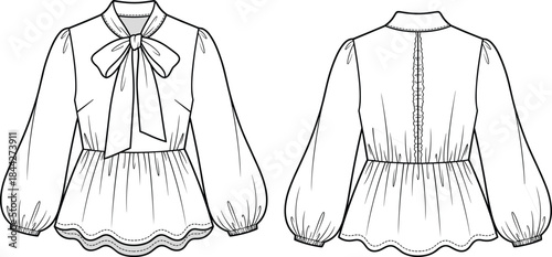 PrintPussy Bow Blouse Fashion Technical Drawing Vector, Puff Sleeves, Peplum Hem, Women's Wear Flat Sketch, Style Illustration Template.