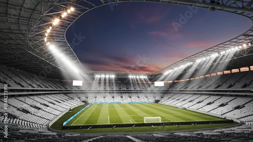 Dramatic conceptual shot of the immense soccer stadium infrastructure bathed in deep twilight as the massive internal floodlights spectacularly power on powering, scale, structure