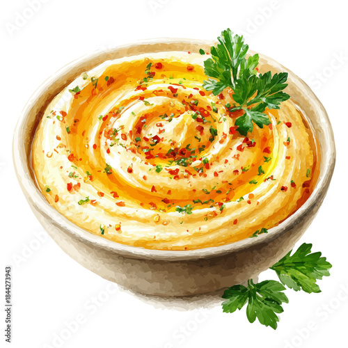 Hummus, watercolor illustration, vector style, isolated on a white background.