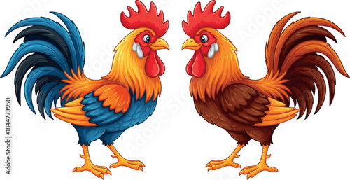 Two Colorful Roosters Standing Together, Happy Farm Chicken Birds with Bright Red Combs and Feathers Vector Illustration.