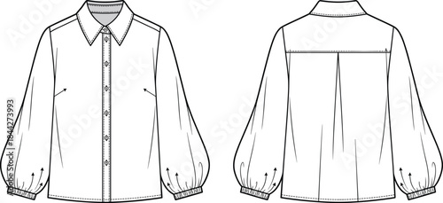 PrintTechnical flat sketch drawing of a women's blouse with puff balloon sleeves, vector fashion illustration for clothing design and production.