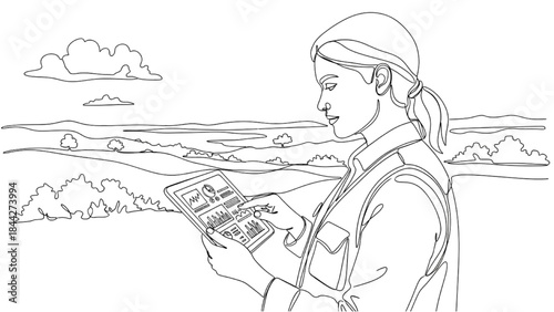High-Quality Black Continuous Line Art of Environmental Scientist Reviewing Environmental Data on Tablet Outdoors