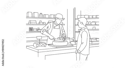 Cheese Shop Scene with Customer and Vendor