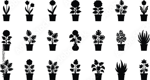 PrintIndoor and Outdoor Potted Plant Silhouette Collection, Houseplants and Flowers Vector Icon Set, Minimalist Home Decor, Gardening, and Nature Graphics.