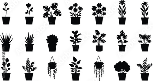 PrintIndoor and Outdoor Potted Plant Silhouette Collection, Houseplants and Flowers Vector Icon Set, Minimalist Home Decor, Gardening, and Nature Graphics.