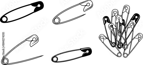 Safety pin silhouette, Safety pin, Pin silhouette, Open safety pin, Closed safety pin silhouette, Safety pin bundle set