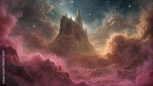 Star-filled night sky with mountain peak and clouds creating a colorful cosmic scene Generative AI