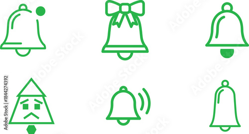 A modern collection of vibrant green outline bell icons including holiday Christmas designs and notification alert symbols