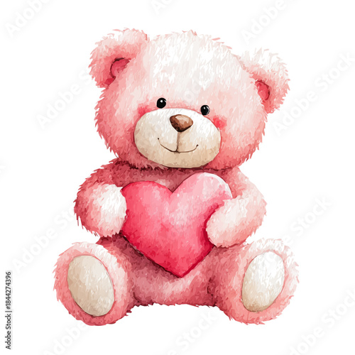 A watercolor painting of Valentines Teddy Bear With Heart, vector illustration on white background.